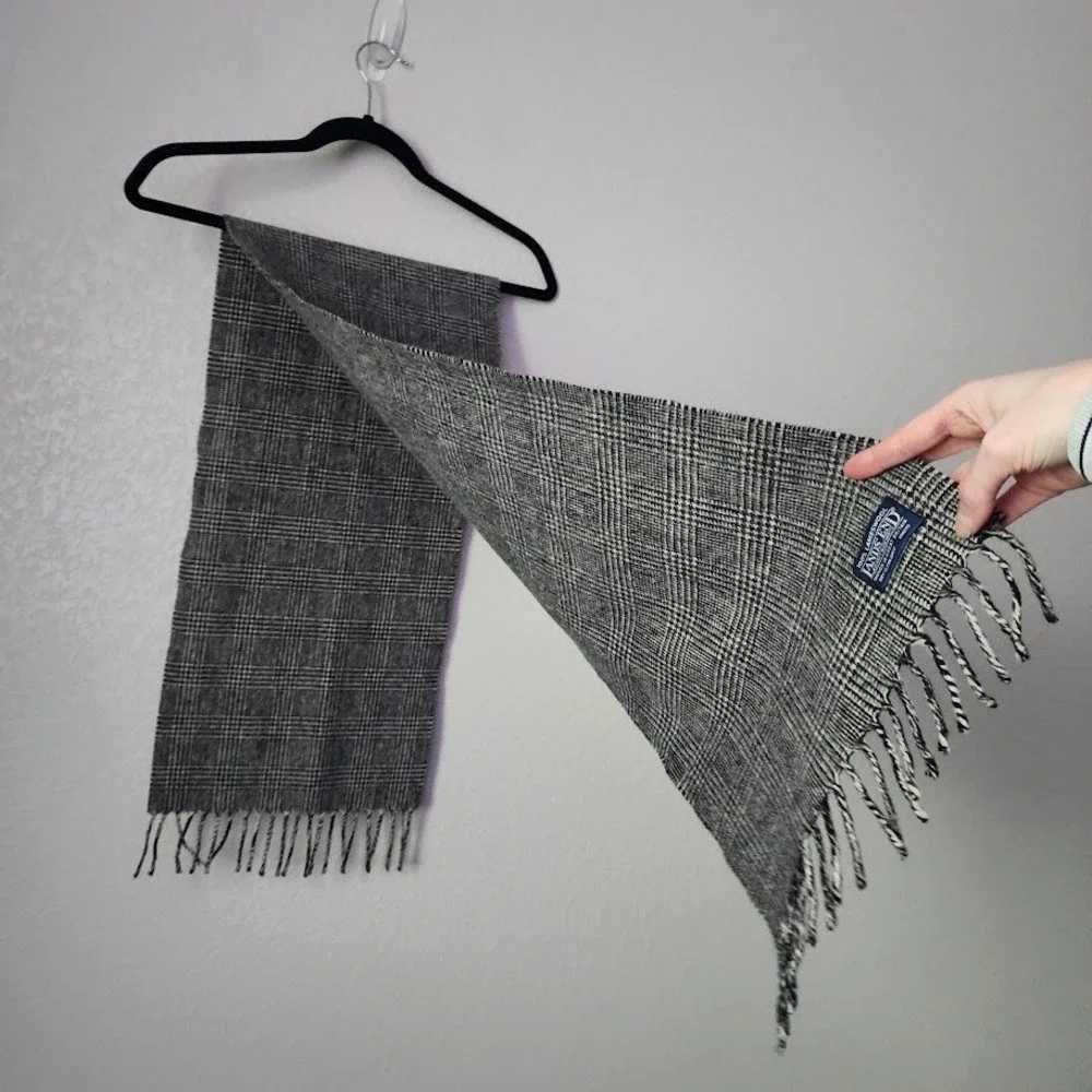 LANDS' END VINTAGE 90s Lambswool Glen Plaid Scarf Gray Fringe Made in‎ Britain